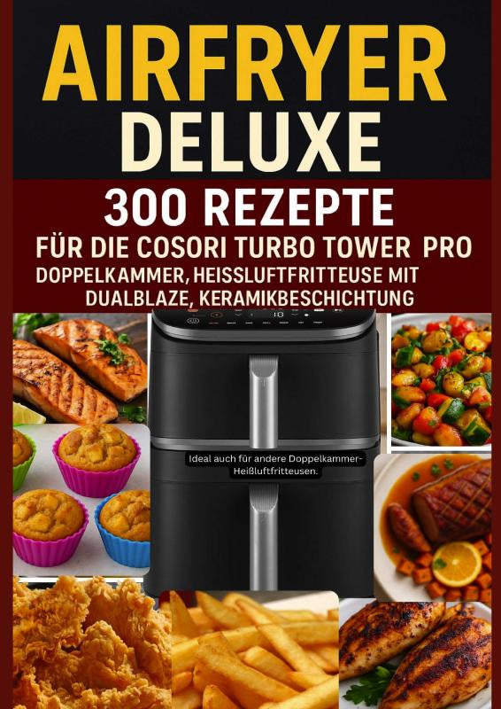 Airfryer-Deluxe-300-Rezepte-fur-die-COSORI-Turbo-Tower-Pro-Doppelkammmer-Heissluftfritteuse-mit-DualBlaze-Keramikbeschichtung-boek-cover-9789403804835